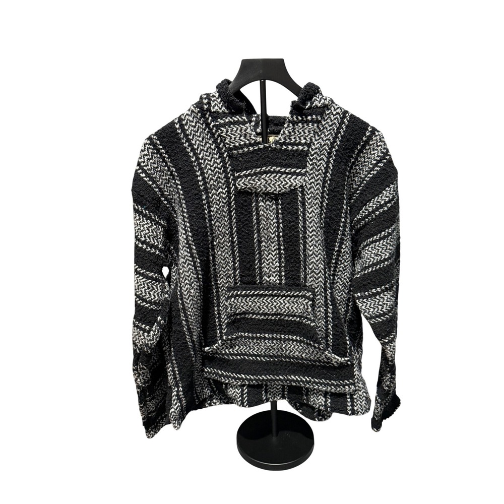 Baja Joe Mexican Drug Rug Hoodie Black White Striped Jerga Poncho Mens XL